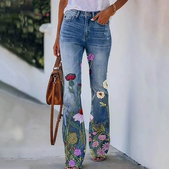 TIANEK Boot Cut Jeans for Woman Fashion Full-Length Womens High Waisted Jeans Floral Printed Elastic Denim Pants Versatile Cute Jeans for Women 2023