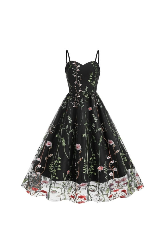 TIANEK Bridal Shower Dress for Female,Fashion Prom Gown Sundress,Summer Halter V-Neck Patchwork Floral Comfortable Black Birthday Dress Sleeveless Long Dress