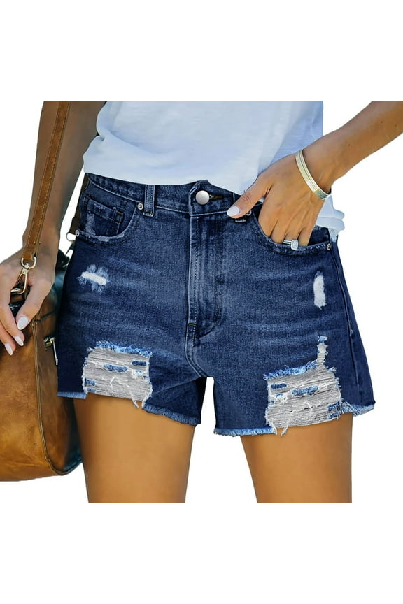 Casual Capri Cargo Ripped Jeans Womens Stretch Denim Printing Short Mid Waist Stretchy Pockets Jean Mother's Day Blue Summer Pull on Denim Shorts