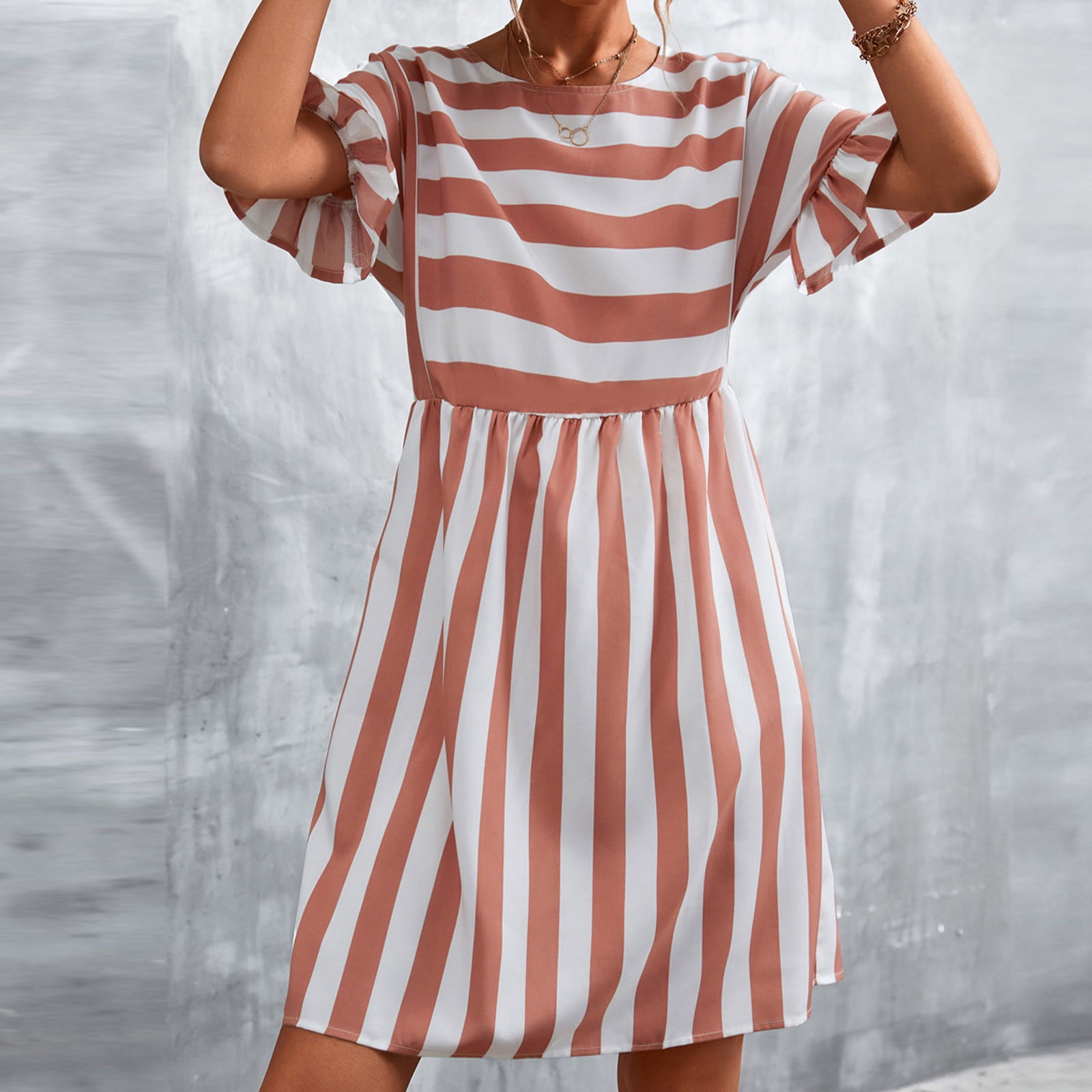 TIANEK Casual Dresses for Women Pink Midi Dresses for Women Casual Spring Summer Short Sleeve Crew Neck Stripe Splicing Dress Sundress Juniors Walmart