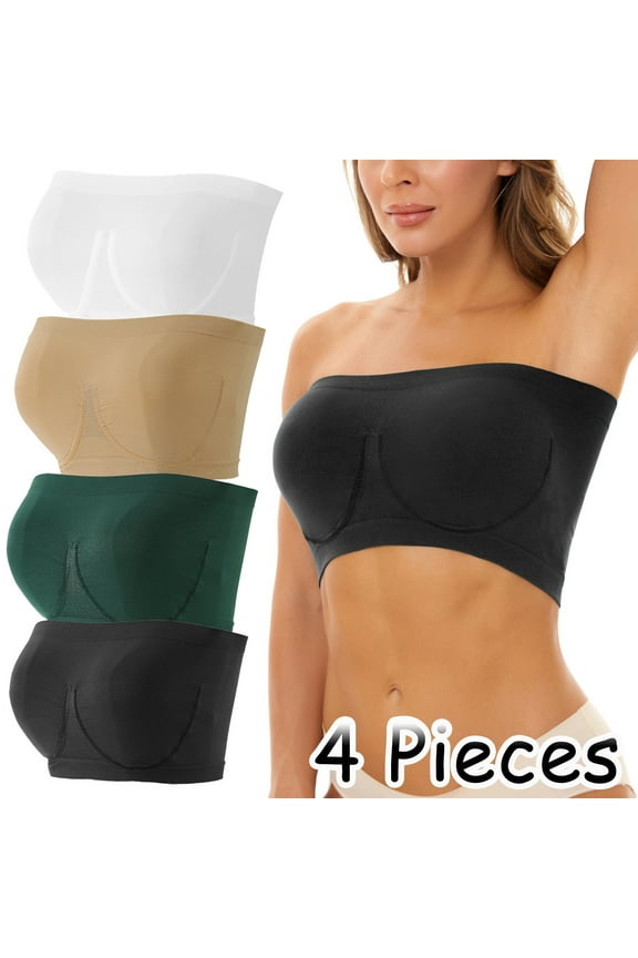 Clearacne Strapless Bra for Large Breasts for Women 4 Pack Full Coverage Compression Seamless Non Slip Side Control Tube Crop Bandeau Top Bra for Women