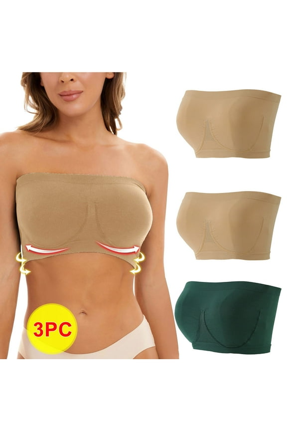Clearacne Strapless Bra for Big Busted Women 3 Pack Full Coverage Seamless Compression Comfort Thin Style Bandeau Top Crop Tube Bra for Women