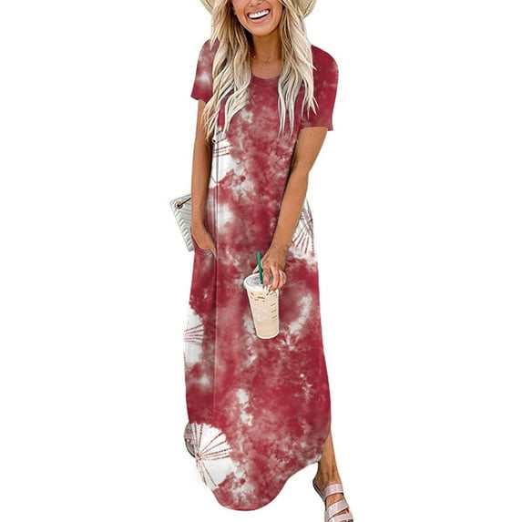 CALAFEBILA Dresses for Teens Short Sleeve Tie Dye Maxi Vacation Dress Side Split Long Dresses for Girls