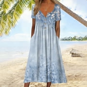 POTETI TIANEK Dresses for Women 2023 Casual Blue Sun Dresses Summer Printing Causal V-Neck Button Short Sleeve Vacation Pockets Dress Woman Sundresses