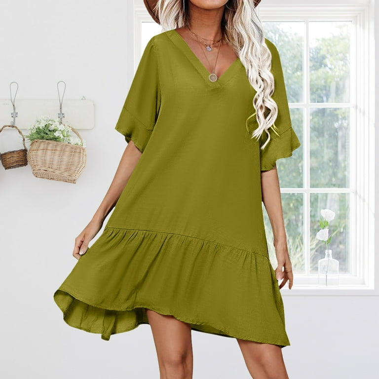 TIANEK Dresses for Women 2024 Green Vacation Dress Summer Dresses V Neck Solid Loose Comfy Short Sleeve Dress Junior Sun Dresses Walmart