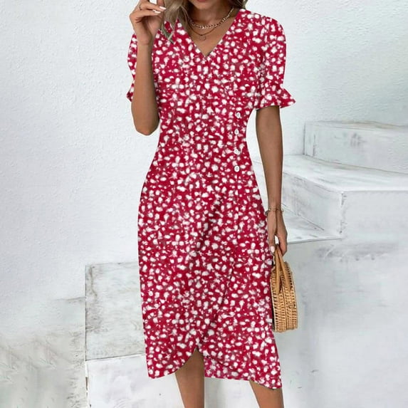 CALAFEBILA Dresses for Women 2025 Short Sleeve V-neck Polka Dot Midi Sun Dress A-Line Split Long Womens Dresses