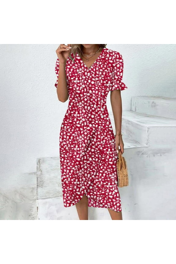 Dresses for Women 2025 Short Sleeve V-neck Polka Dot Midi Sun Dress A-Line Split Long Womens Dresses