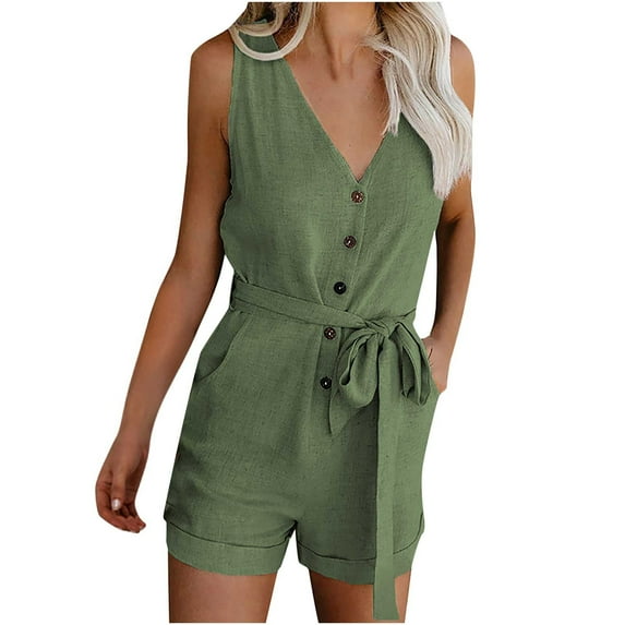 CALAFEBILA Fashion Cargo Shorts for Women Mother's Day Summer Solid Button Sleeveless Deep V Lacing Belt Jumpsuit Leisure Shorts