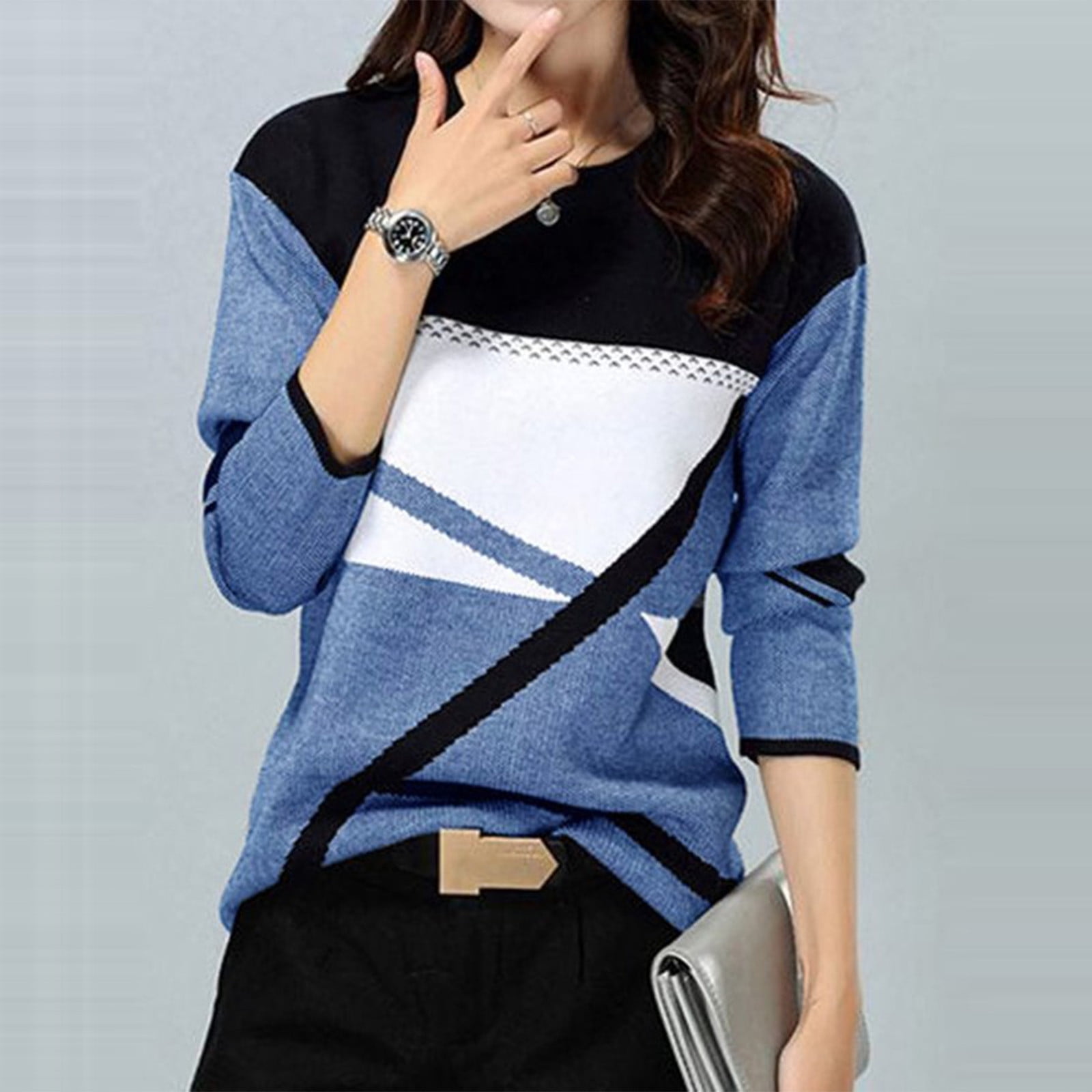 TIANEK Fashion Casual Round-Neck Stitching Contrast Color Long Sleeve  Womens Henley Tops Long Sleeve Reduced