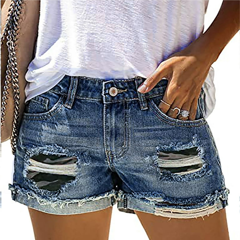 TIANEK Fashion Ripped Baggy Jeans Womens Summer Pocket Sexy Ripped Denim  Super 2023 Mother's Day Blue Leisure Denim Shorts Clearance
