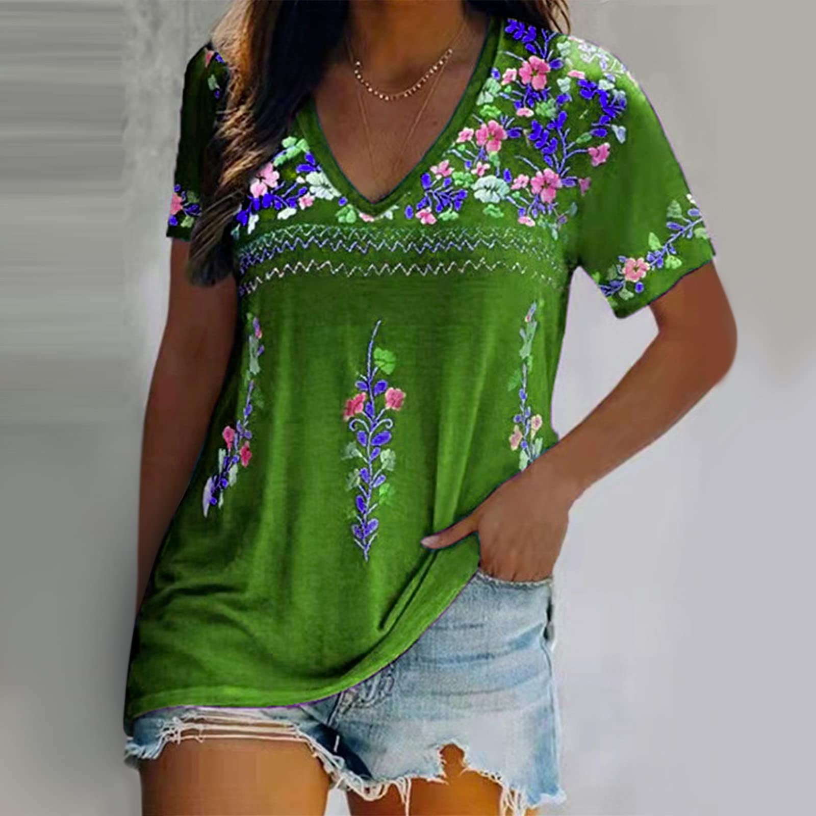 TIANEK Fashion Woman Causal V-Neck Printing Blouse Short Sleeve T-Shirt  Summer Tops Clearance 