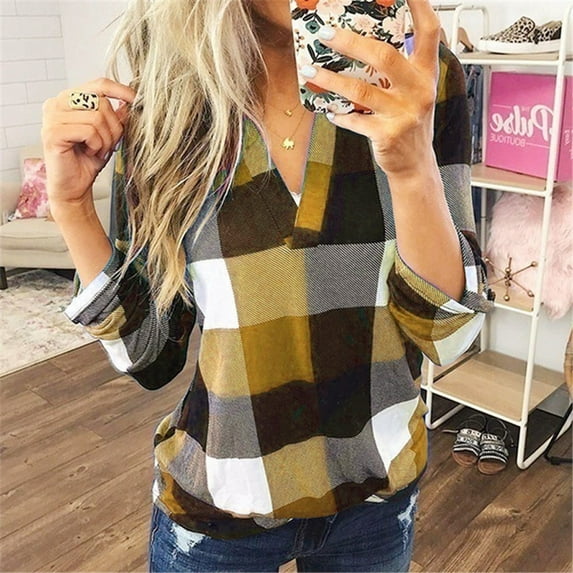 TIANEK Gold T Shirts for Women Long Sleeve Fall V Neck Women Fall Tops 2023 Fashion Plaid Print Pullover Casual Lightweight Loose Fit Workout Blouses
