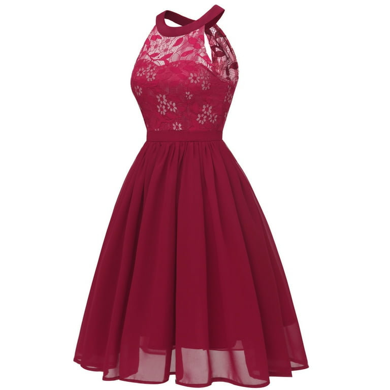 TIANEK Ladies Semi Formal Dress Swing Floral Halter Neck