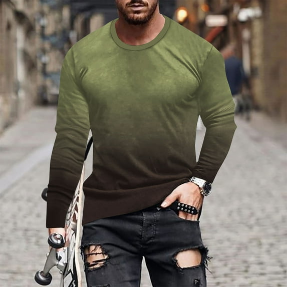 TIANEK Men's Gradient Color T Shirts,Fall Long Sleeve Tees Army Green Crew Neck Pullover Casual Loose Comfort Blouse Tops