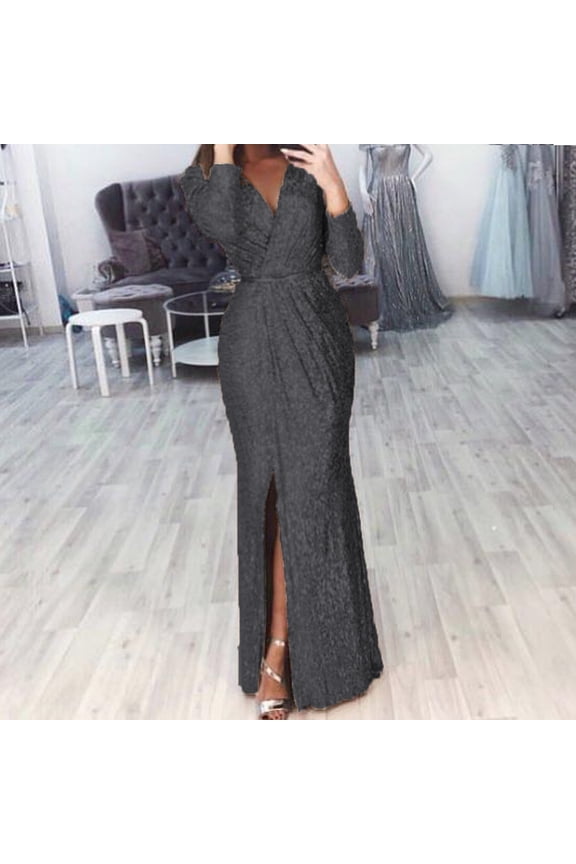 Semi Formal Dress for Ladies,Casual Ball Graduation Dress,Summer Plus Size V-Neck Floral Blue Modest Dress Long Sleeve Long Dress