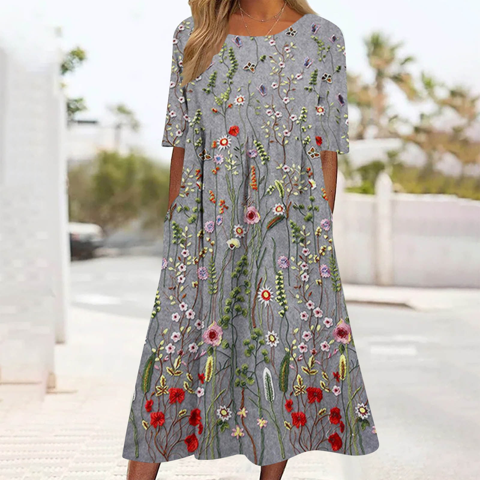 CALAFEBILA Sexy Summer Dresses for Women Short Sleeve Floral Midi Sun Dress Boho Pleated Pockets Long Junior Dresses
