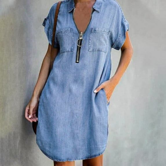 TIANEK Summer Denim Dress Fashion Short Sleeve Slim Pullover Zipper With Pockets Dress Tunic Dress Shirt Dress Midi Dress Jean Dress for Women 2023