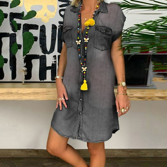 TIANEK Summer Denim Dress Polo Short Sleeve Slim Pullover Solid Color Button Down With Pockets Dress Tunic Dress Shirt Dress Mini Dress Jean Dress for Women 2023