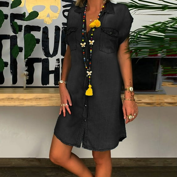TIANEK Summer Denim Dress Polo Short Sleeve Slim Pullover Solid Color Button Down With Pockets Dress Tunic Dress Shirt Dress Mini Dress Jean Dress for Women 2023