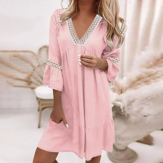 TIANEK Summer Dress Short Bell Sleeve V-neck Solid Color Mini Party Dress Lace Short Dresses for Women 2024
