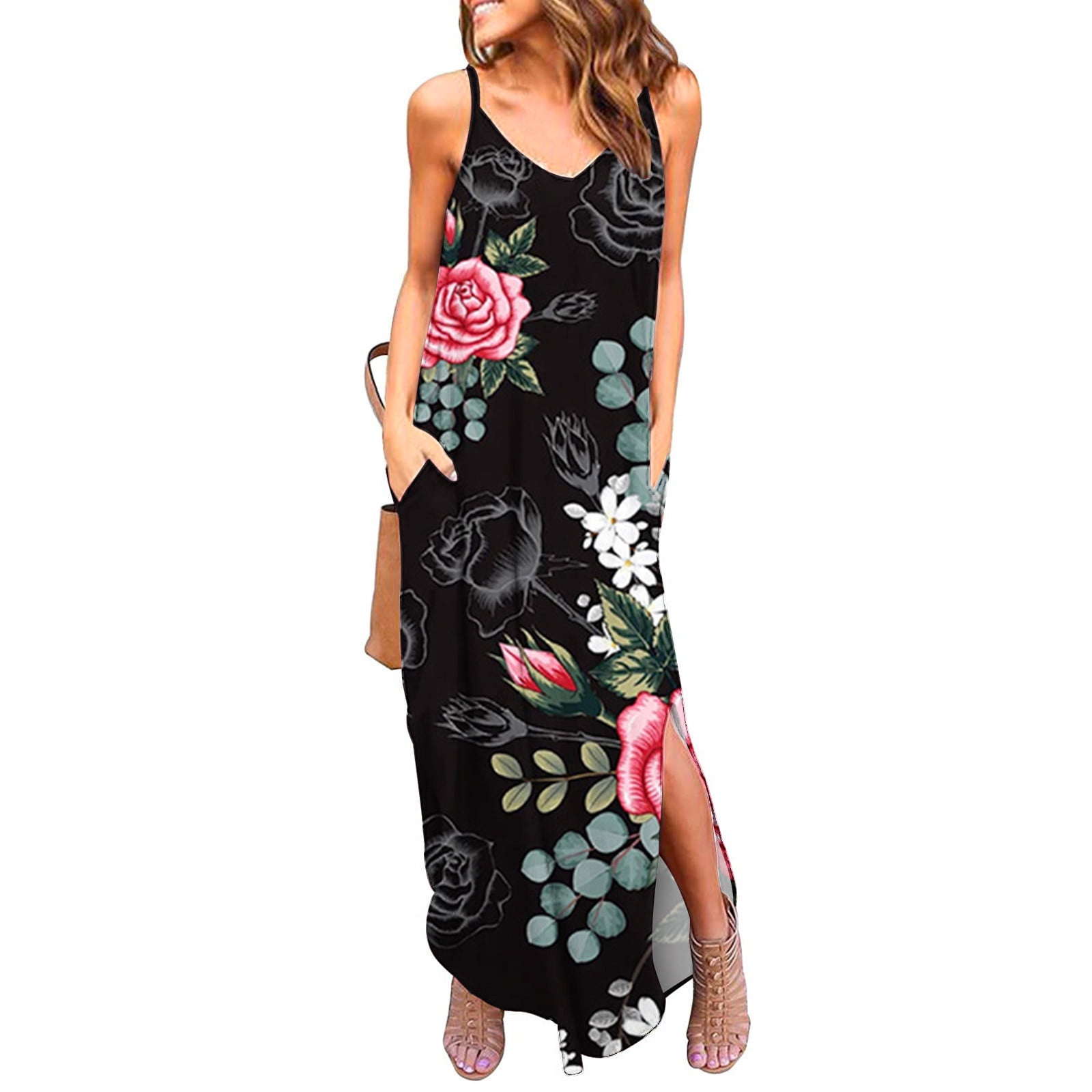 Tianek Summer Dresses Clearance Sleeveless V Neck Floral Maxi Sun Dress Side Split Lace Up 0693