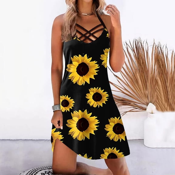 CALAFEBILA Summer Dresses Sleeveless V-neck Floral Mini Sun Dress Cross Back Tank Dress Short Dresses for Women 2025
