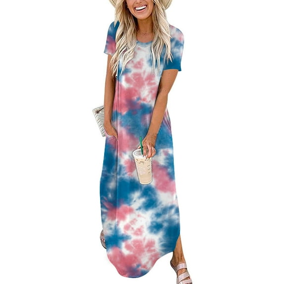 CALAFEBILA Summer Dresses for Women 2025 Short Sleeve Tie Dye Maxi Vacation Dress Side Split Long Junior Dresses