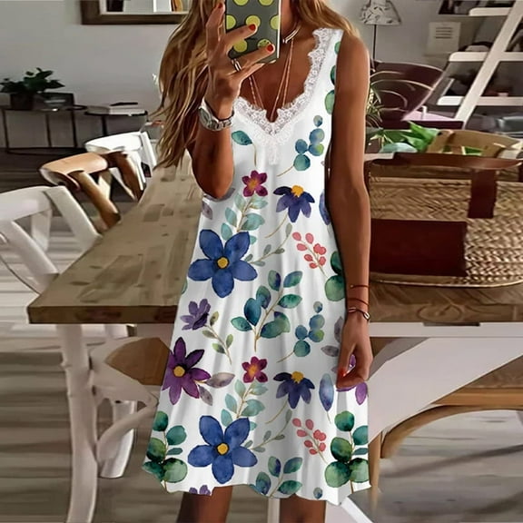 CALAFEBILA Summer Dresses for Women 2025 Sleeveless V-neck Floral Knee Length Sun Dress Lace Tank Dress Long Women's Dresses