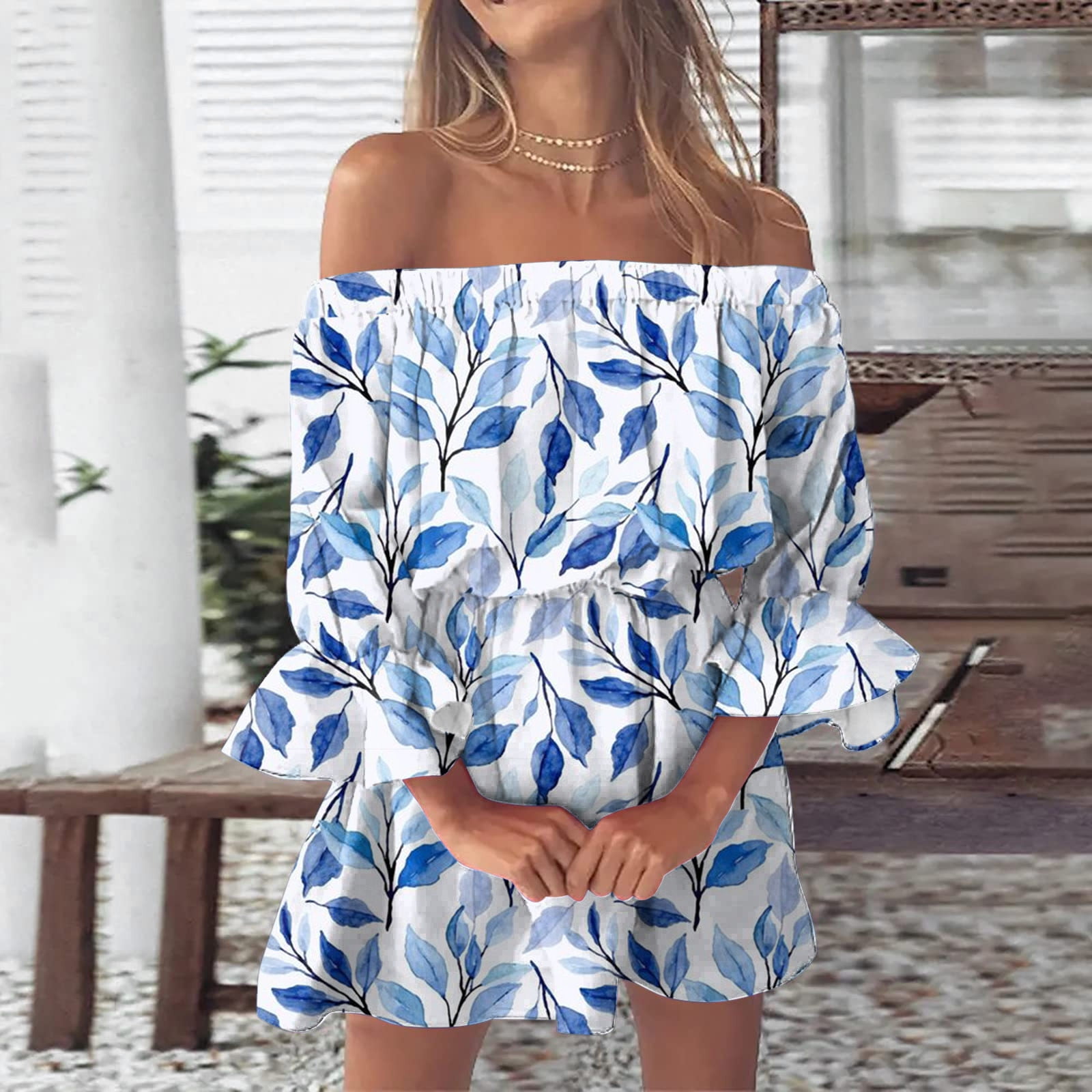 Tianek Summer Dresses For Women 2024 Vacation Off The Shoulder Off The Shoulder Floral Mini Sun 8025