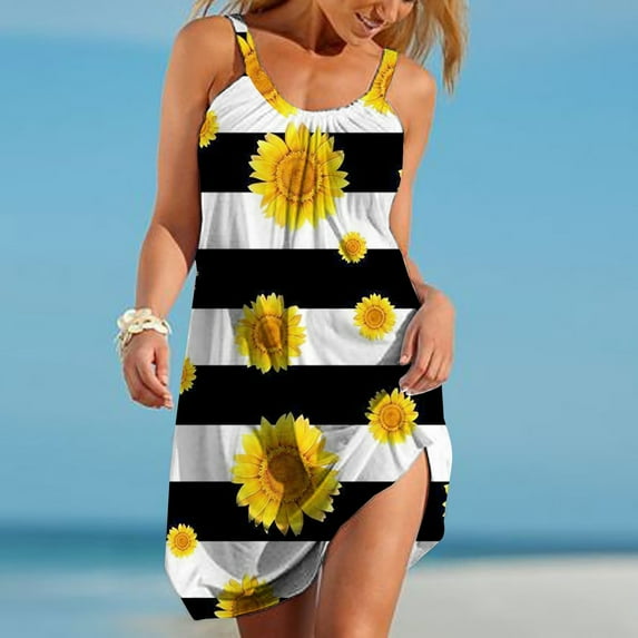 TIANEK Summer Dresses for Women Clearance Under $10 Sleeveless Floral Mini Sun Dress Pleated Lace-up Tank Dress Short Women Dresses