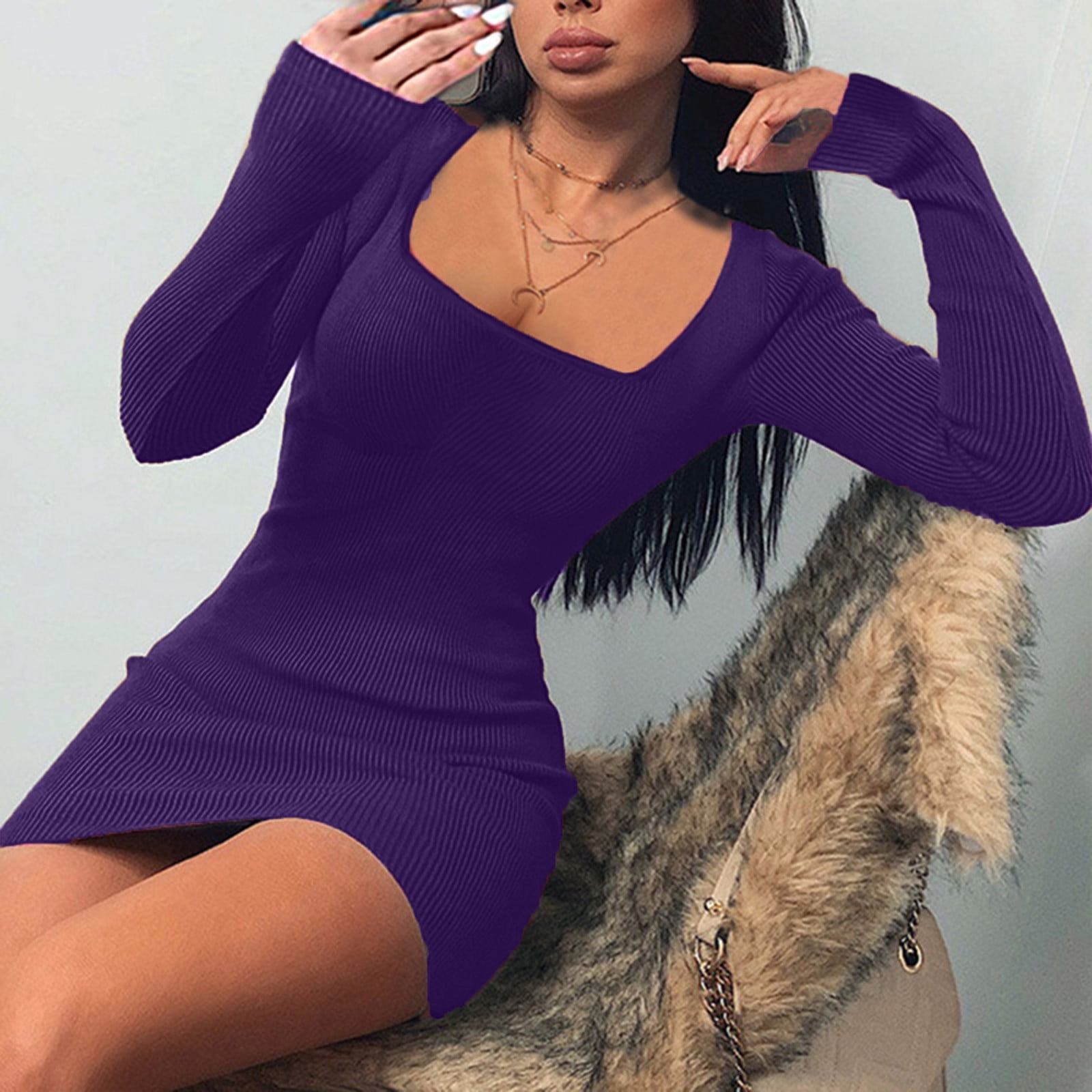 TIANEK Summer Dresses for Women Long Sleeve Square Neck Solid Color Mini Bodycon Dress Slim Short Dresses for Girls