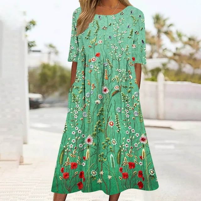 TIANEK Summer Dresses for Women Short Sleeve Floral Midi Sun Dress Boho