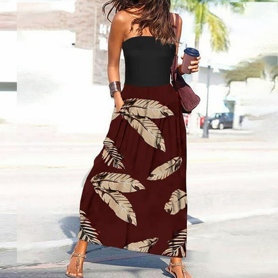 TIANEK Summer Dresses for Women Sleeveless Off-the-Shoulder Floral Midi Sun Dress Wrap Strapless Tank Dress Long Women Dresses