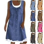 CALAFEBILA TIANEK Summer Dresses for Women Sleeveless Solid Color Knee Length Sun Dress Denim Patchwork Fake Two Piece Long Dresses for Women 2024
