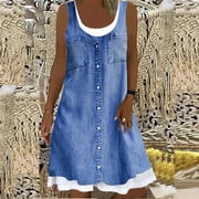 TIANEK Summer Dresses for Women Sleeveless Solid Color Knee Length Sun Dress Denim Patchwork Fake Two Piece Long Dresses for Women 2024