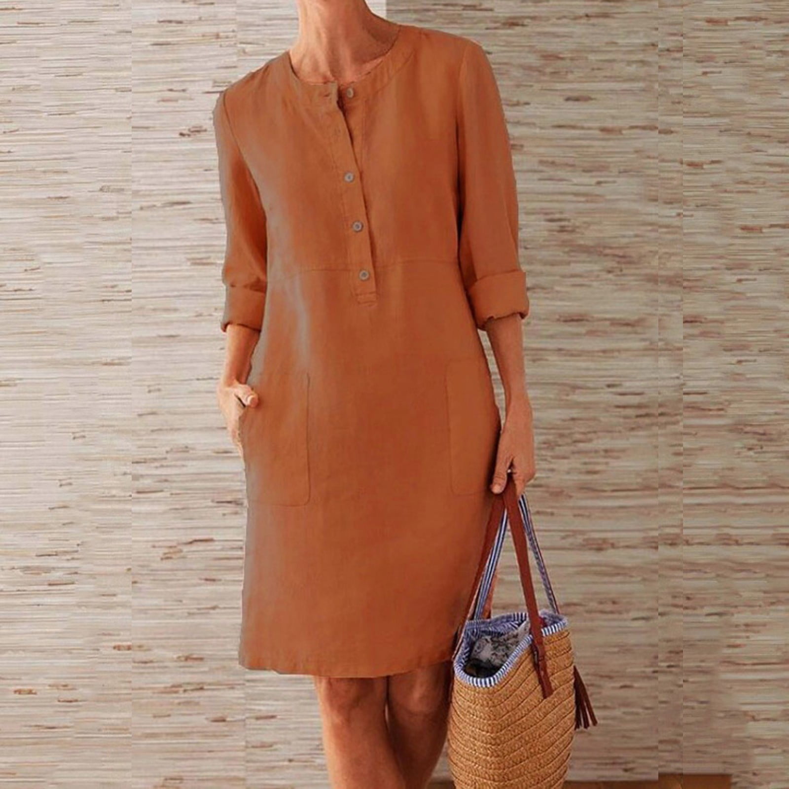 TIANEK Sun Dresses Women Long Sleeve Solid Color Knee Length Shirt ...