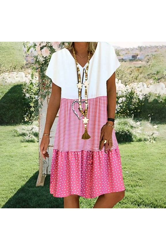 TIANEK Sun Dresses for Women 2024 Short Sleeve V-neck Striped Mini Sun Dress Polka Dot Patchwork Short Junior Dresses