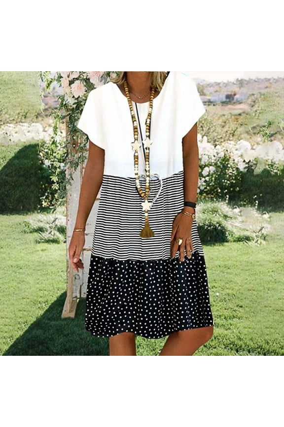Sun Dresses for Women Casual Beach Short Sleeve Striped Mini Sun Dress Polka Dot A-Line Patchwork Short Dresses for Teens