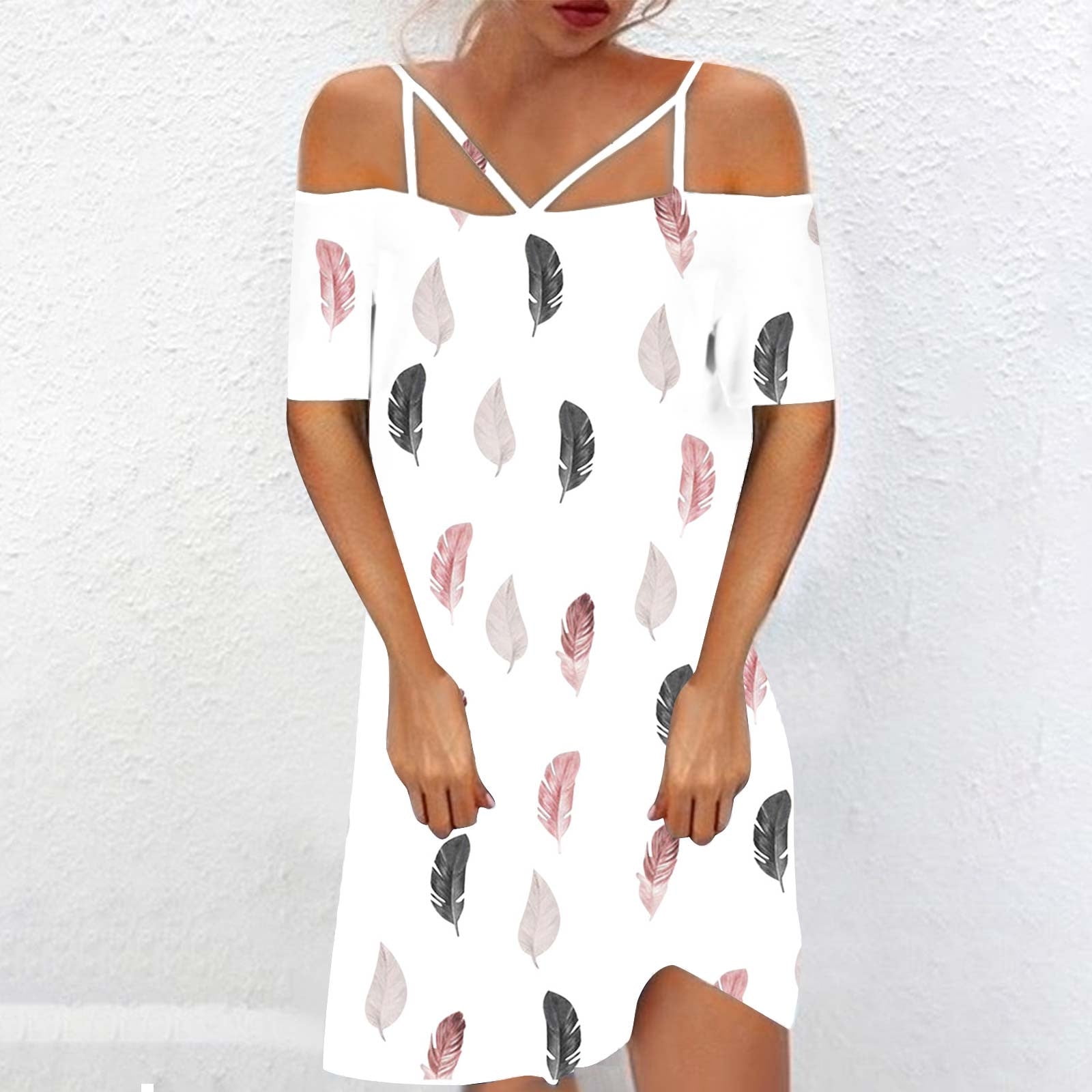 POTETI Sundresses for Juniors White Vacation Dresses for Women Casual Cold Shoulder Printing Summer Short Sleeve Dress Womens Sundresses Maxi Dresses