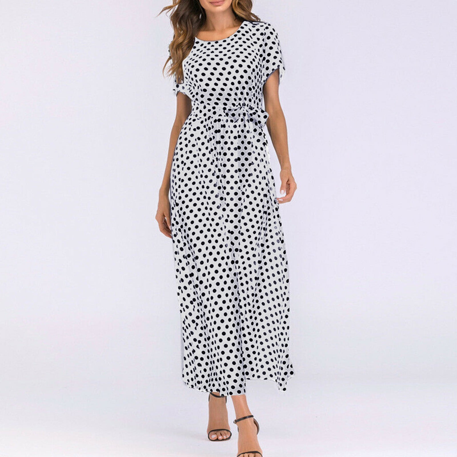 Tianek Sundresses For Plus Size Women Short Sleeve Polka Dot Midi Sun Dress A Line Bandage Long 6751