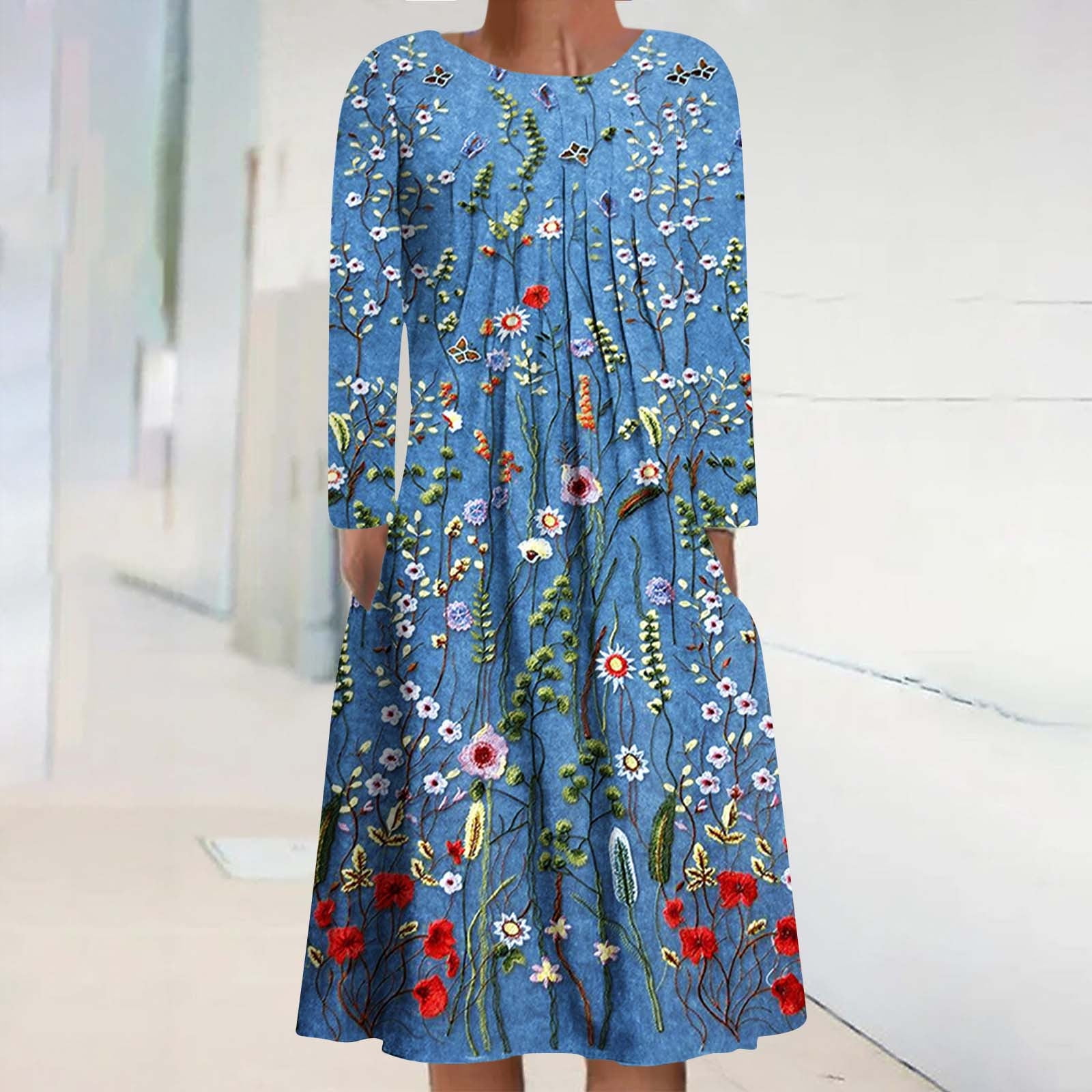 TIANEK Sundresses for Women Short Sleeve Crew Neck Floral Print Pleated ...