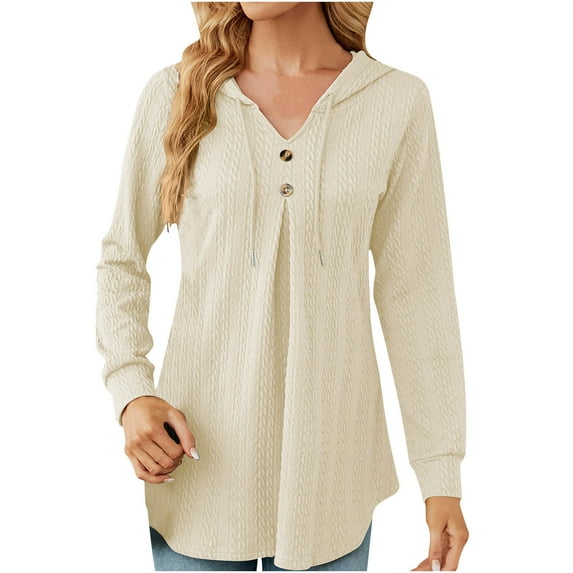 CALAFEBILA Sweatshirts for Women 2025 Casual Fall Winter V-neck Button Drawstring Long Sleeved Loose Tops Sweater Hoodie Sweatshirts for Teens