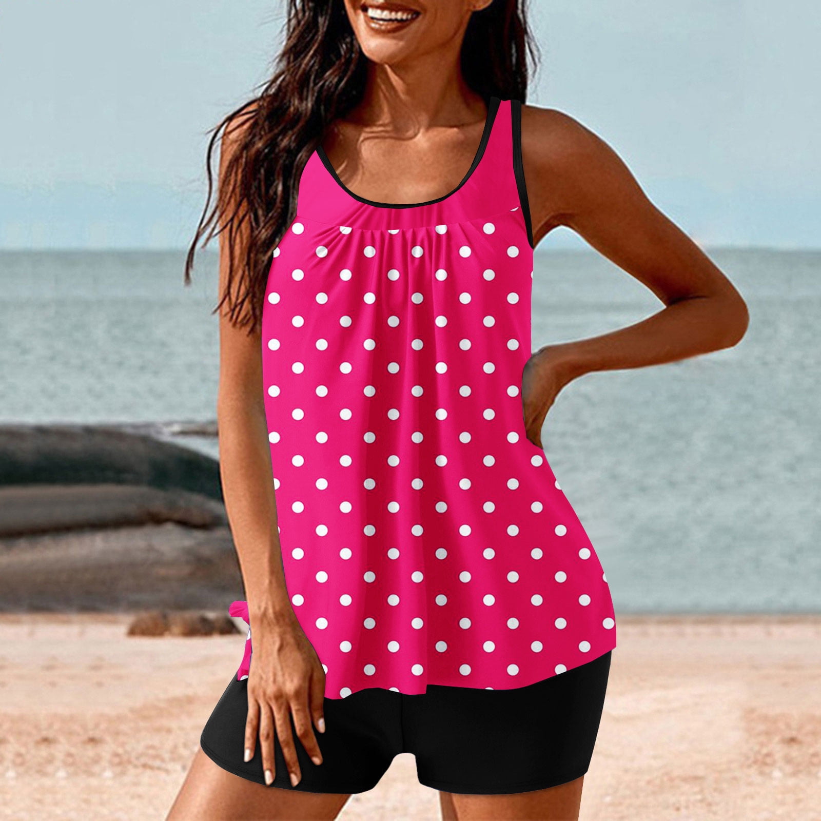 Tianek Swimwear For Women Tankini Modest Summer Pleated Water Parks Polka Dots Bathing Suit