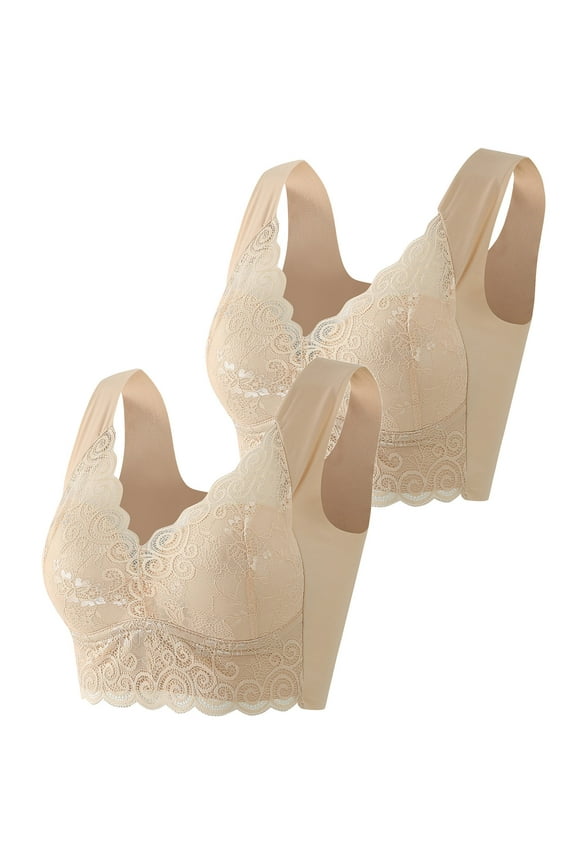 Women Bras Push up Wirefree Wireless Bra Back-Smoothing Padded Lace Bras 2 Pack