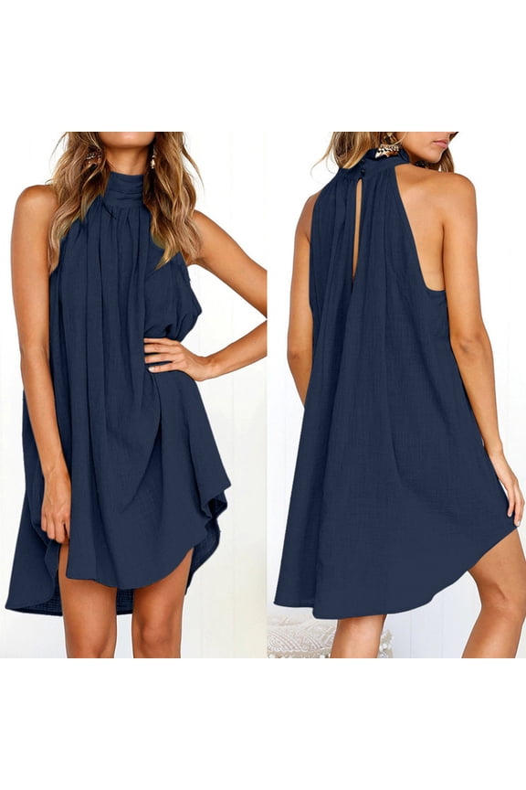 Women Dresses Sleeveless Solid Color Mini Sun Dress Pleated Side Split Tank Dress Short Teen Dresses