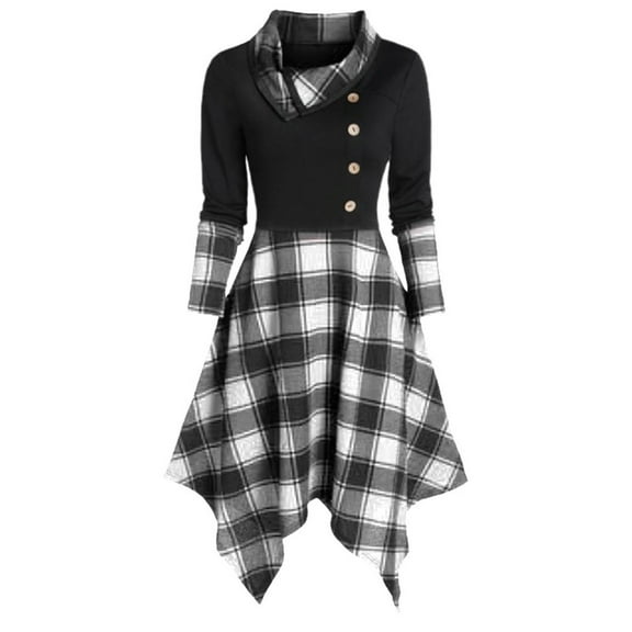 CALAFEBILA Women Dresses on Long Sleeve Lapel Plaid Midi Shirt Dress Button Christmas Long Dresses