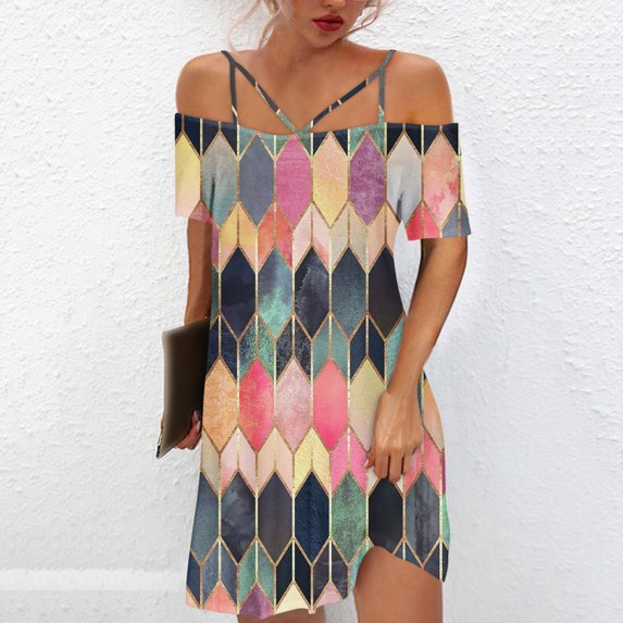 TIANEK Women Dresses on Clearance Short Sleeve Off-the-Shoulder Floral Mini Sun Dress Backless Short Girl Dresses