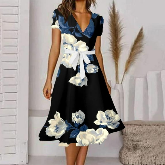 TIANEK Women Formal Dress Floral V-Neck Elegant Ball Prom Gown Wedding Guest Dress Long Maxi Dress