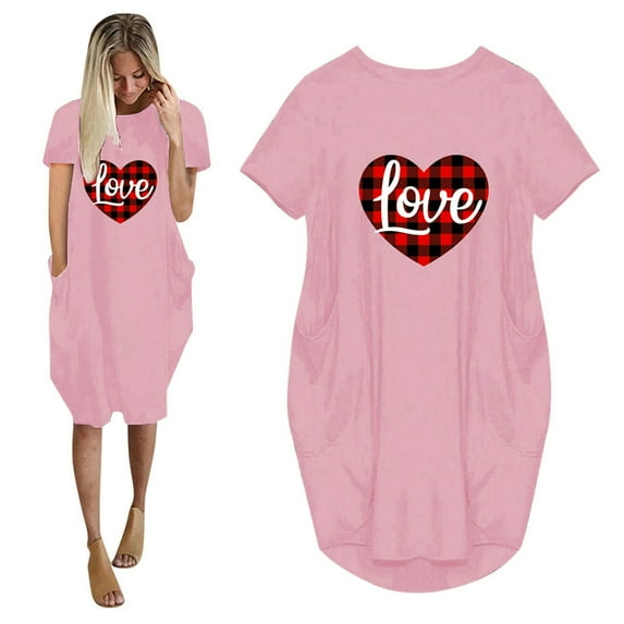 CALAFEBILA Women Hawaiian Mother's Day Summer Maxi Babydoll Dress Cute Love Print Short Sleeve Round Neck Pink Dress