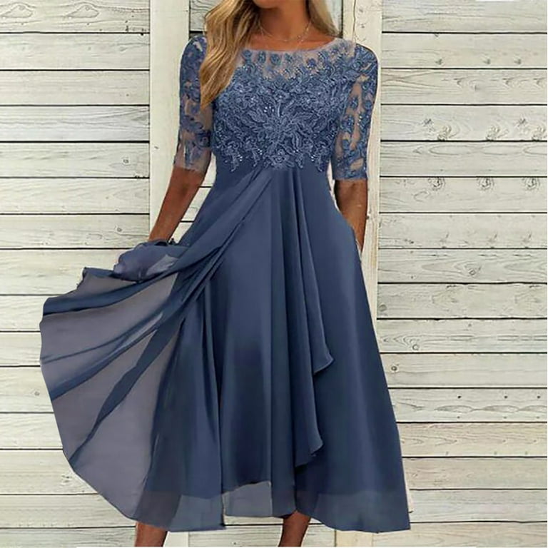 TIANEK Women Semi Formal Dress Casual Ball Prom Gown Graduation Dress High Waist Solid Mid Sleeve Perfect fit Maxi Dress for Women 2023